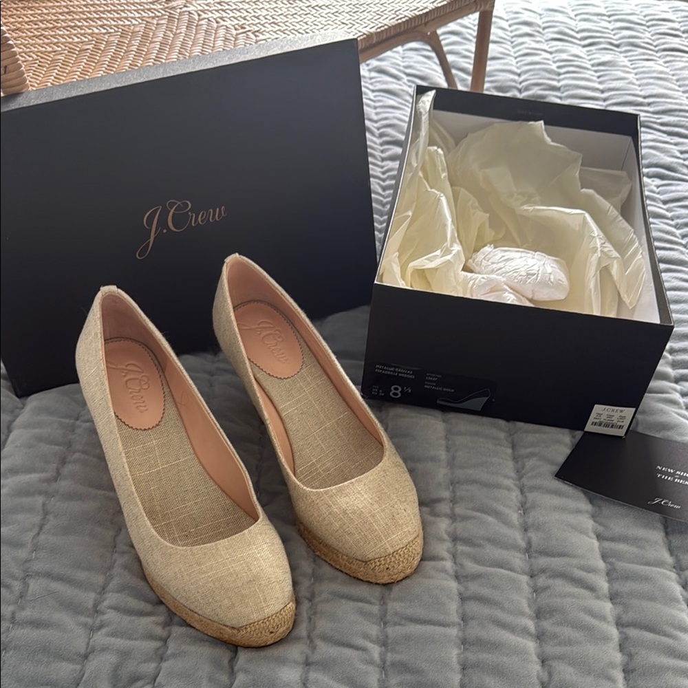 J Crew Metallic Canvas Espadrille Wedges Size 8.5